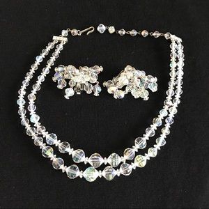 VINTAGE/CRYSTAL/AB/2 STRAND NECKLACE+EARRING SET